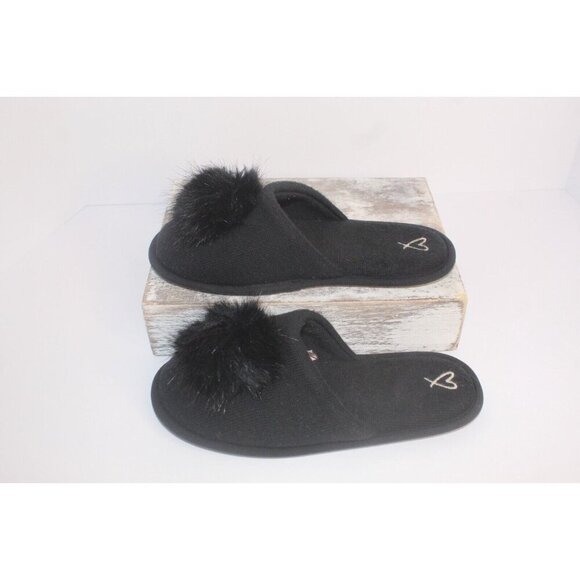 Victoria's Secret Black Knit Embroidered Pop Pom Slippers Slip On Women's Large - Picture 4 of 10